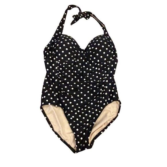 Merona Vintage Style Black White Polka Dot One Piece Swimsuit Size M - Picture 1 of 11